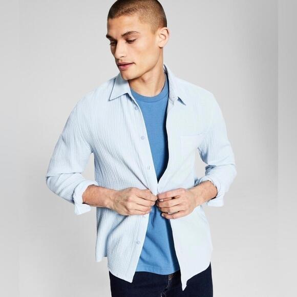 New AND NOW THIS Men's Long-Sleeve Seersucker Shirt size M cashmere blue - Picture 1 of 6